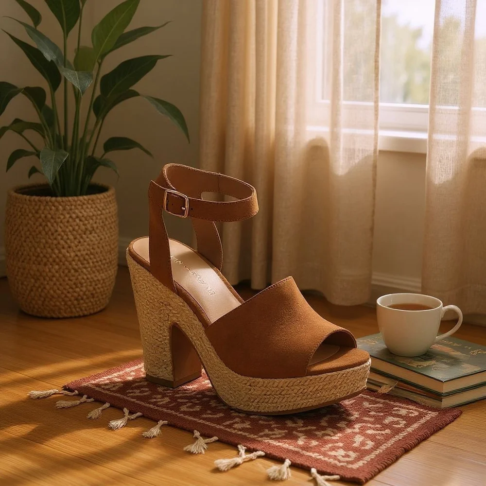 Sun & Stone Micro Suede Cognac Brown Retro Espadrille Platform Sandals 10 M